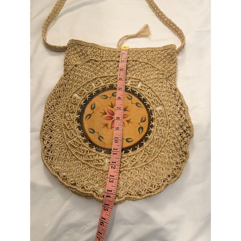 Woven Crossbody Purse with Hand Painted Leather Center Bohemian - Picture 6 of 8